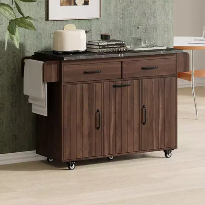 Carrello da cucina con isola, anta a ribalta, vano per rifiuti e portaspezie – Azzurro Grigio / Noce Marrone / Bianco, 1 persona