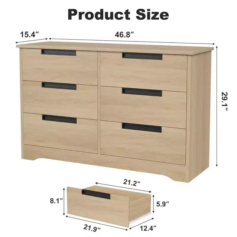Cassettiera a 6 cassetti in legno naturale con maniglie incassate, stile moderno