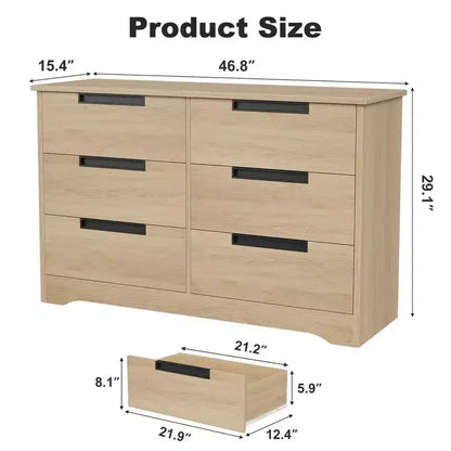 Cassettiera a 6 cassetti in legno naturale con maniglie incassate, stile moderno