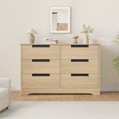 Cassettiera a 6 cassetti in legno naturale con maniglie incassate, stile moderno