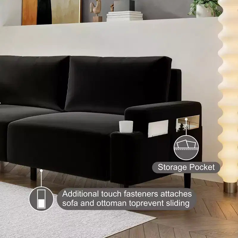 Divano a 2 posti da 80" con portabicchieri e tasche laterali, nero/velluto e grigio/lino