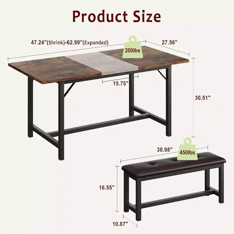 Set da pranzo rettangolare marrone rustico con 2 panche, 4 posti a sedere