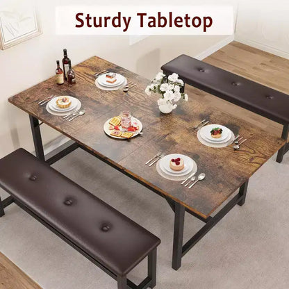 Set da pranzo rettangolare marrone rustico con 2 panche, 4 posti a sedere