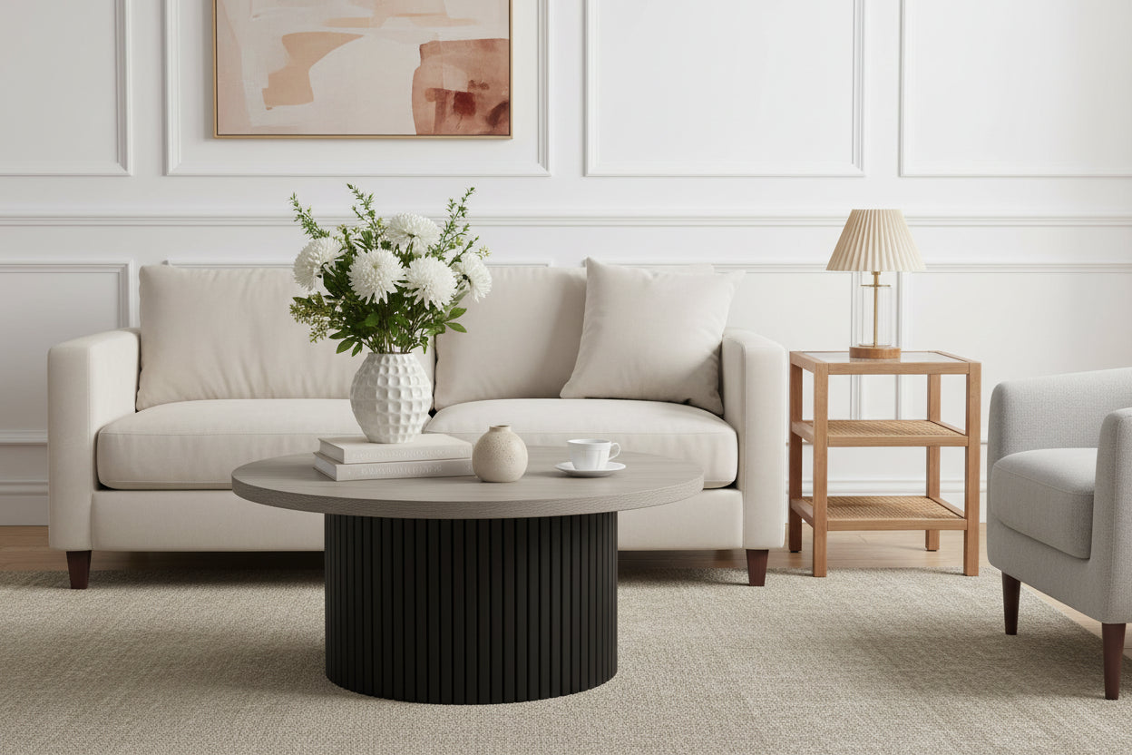 Acekool Modern Round Coffee Table, Fluted Mushroom Shape, MDF Top, Black Metal Base, 31.9, Easy Assembly