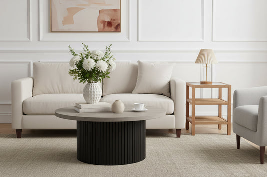 Acekool Modern Round Coffee Table, Fluted Mushroom Shape, MDF Top, Black Metal Base, 31.9, Easy Assembly