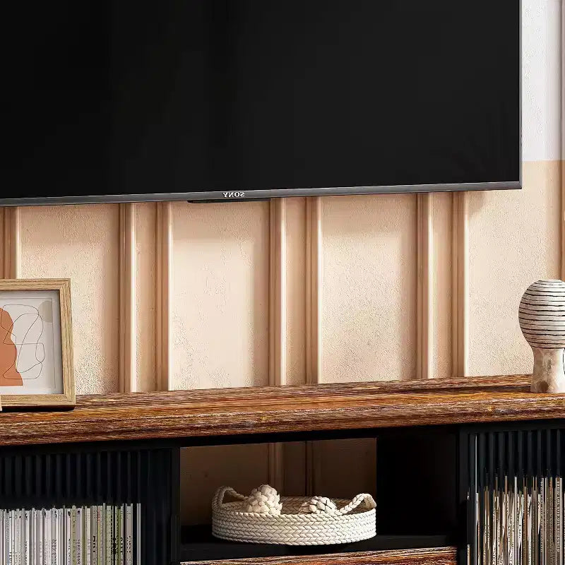 Mobile TV moderno marrone – Legno di abete e ferro, adatto per TV fino a 55", assemblaggio in 1 persona
