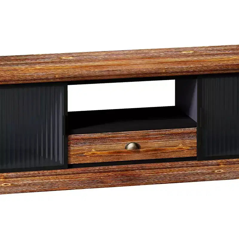 Mobile TV moderno marrone – Legno di abete e ferro, adatto per TV fino a 55", assemblaggio in 1 persona
