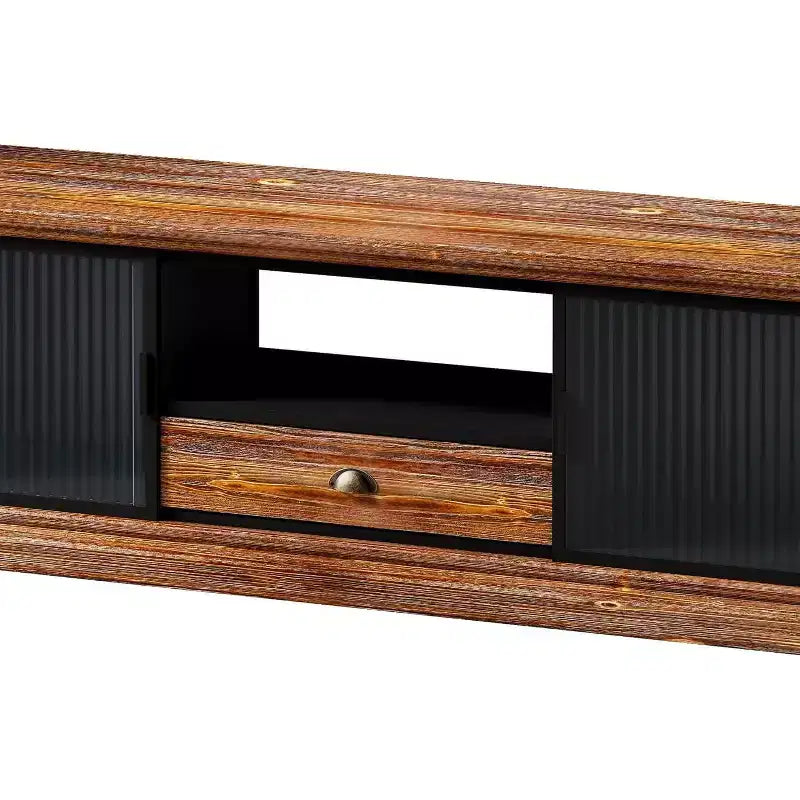 Mobile TV moderno marrone – Legno di abete e ferro, adatto per TV fino a 55", assemblaggio in 1 persona
