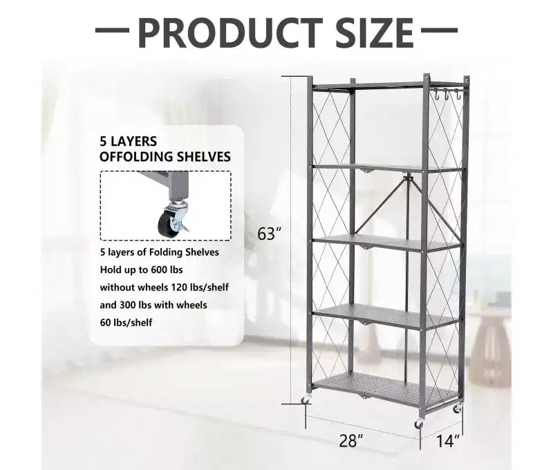Scaffale pieghevole in metallo grigio, 4/5 ripiani, montaggio per 1 persona