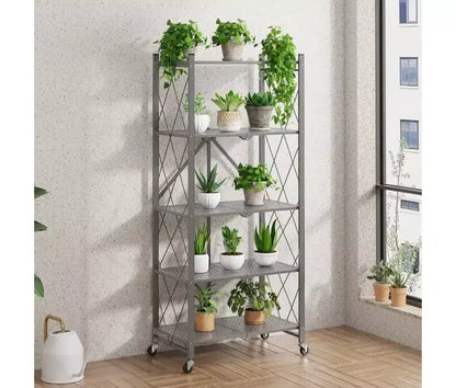 Scaffale pieghevole in metallo grigio, 4/5 ripiani, montaggio per 1 persona