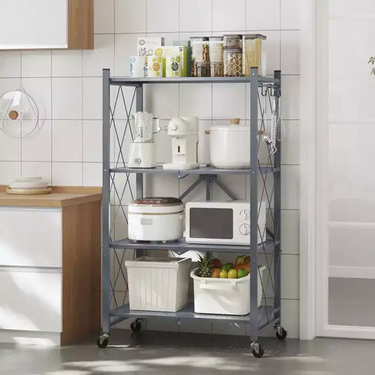 Scaffale pieghevole in metallo grigio, 4/5 ripiani, montaggio per 1 persona