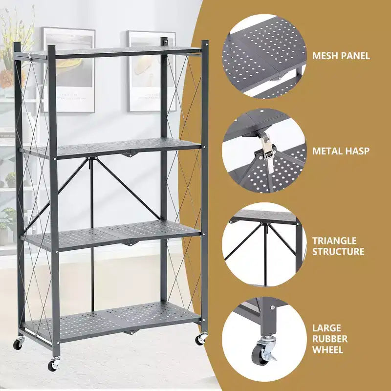 Scaffale pieghevole in metallo grigio, 4/5 ripiani, montaggio per 1 persona