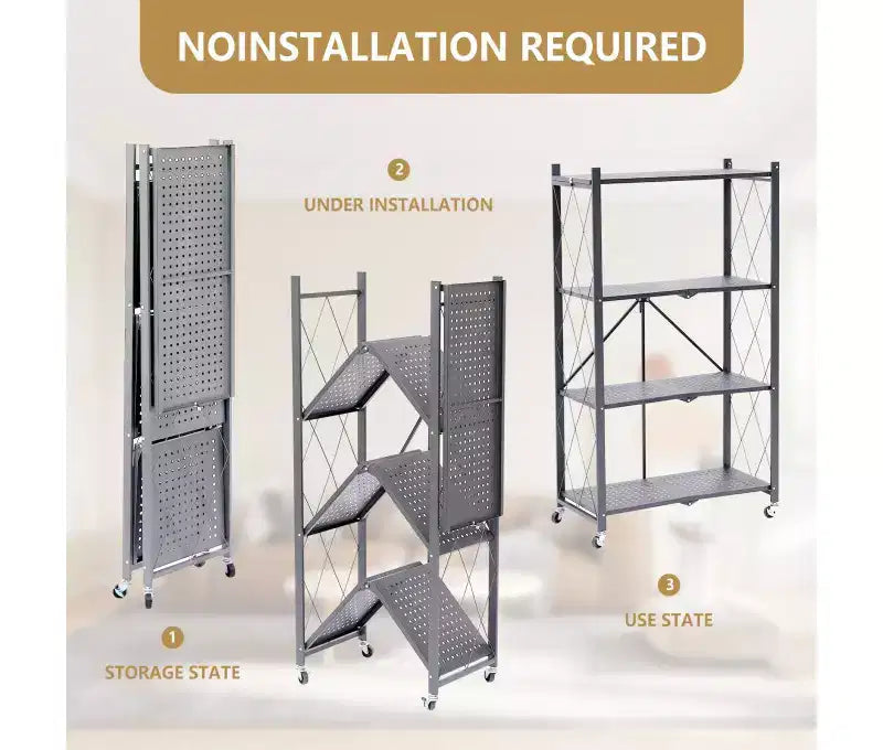 Scaffale pieghevole in metallo grigio, 4/5 ripiani, montaggio per 1 persona