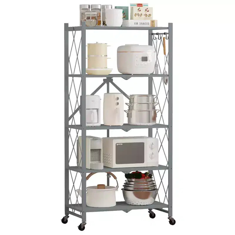 Scaffale pieghevole in metallo grigio, 4/5 ripiani, montaggio per 1 persona