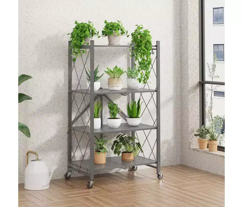 Scaffale pieghevole in metallo grigio, 4/5 ripiani, montaggio per 1 persona