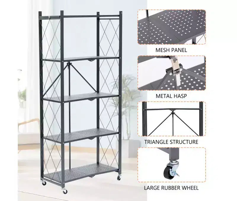 Scaffale pieghevole in metallo grigio, 4/5 ripiani, montaggio per 1 persona