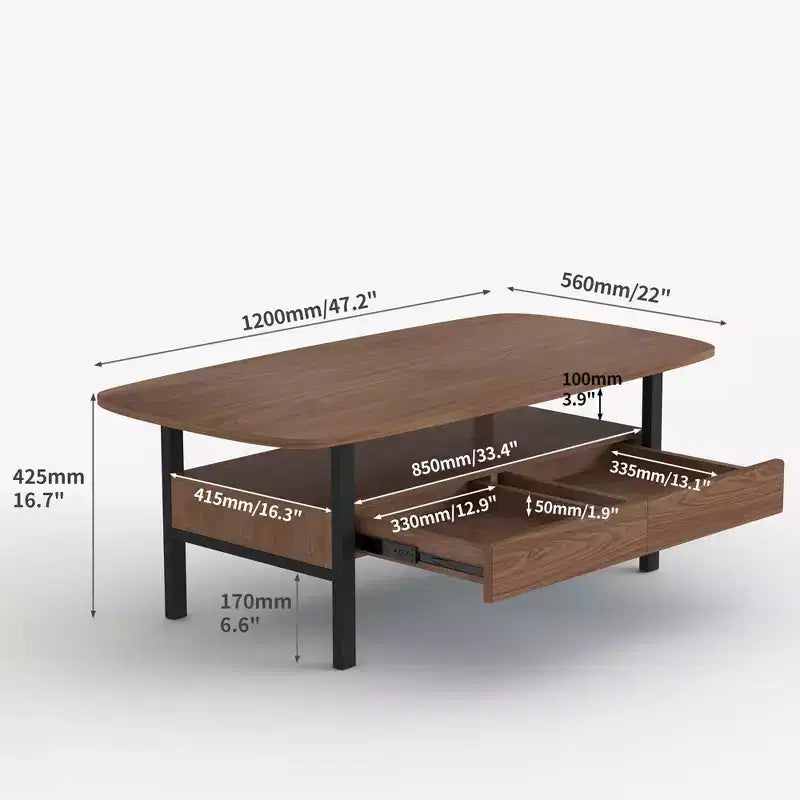 Tavolino da caffè rettangolare marrone e nero da 120 cm con cassetti, uso singolo