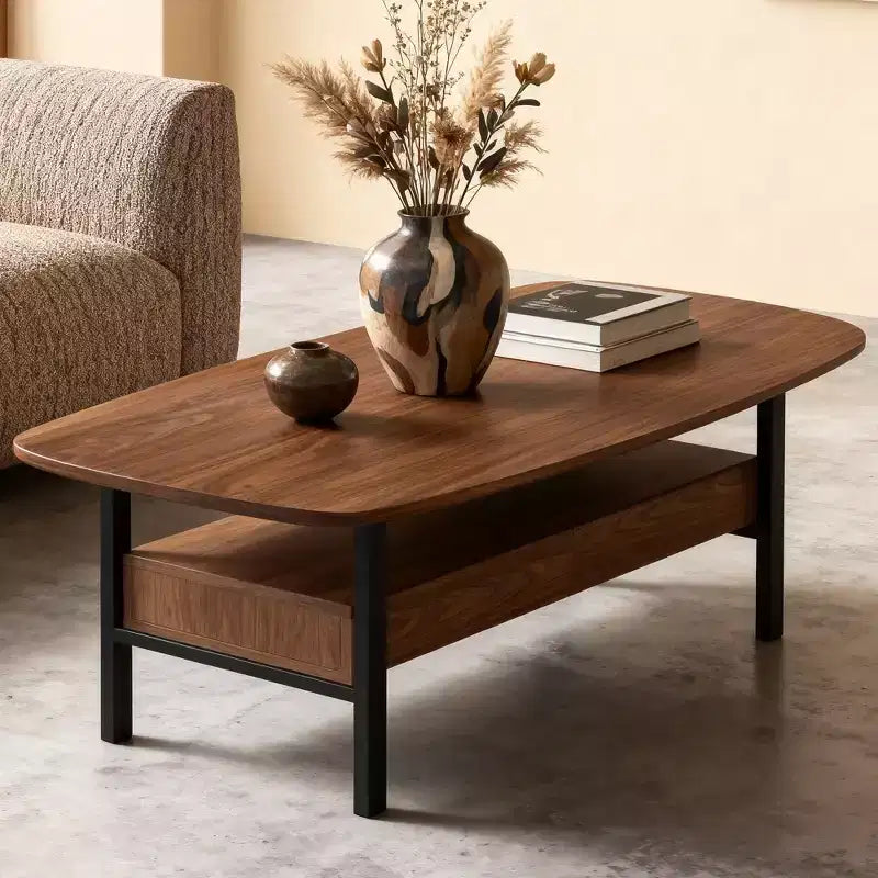 Tavolino da caffè rettangolare marrone e nero da 120 cm con cassetti, uso singolo