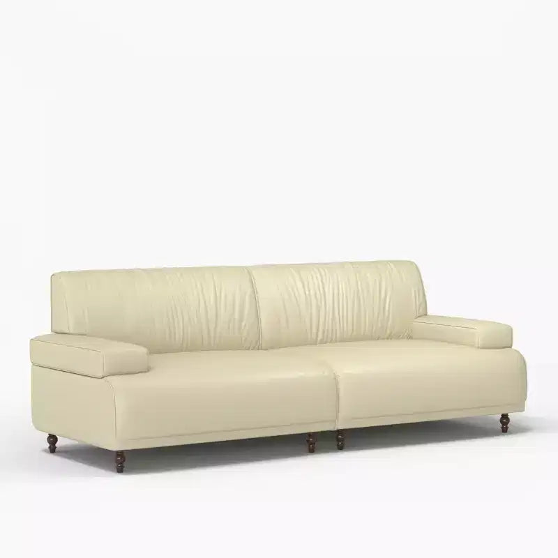 Divano a 3 posti in pelle marrone/bianco sporco con struttura in legno