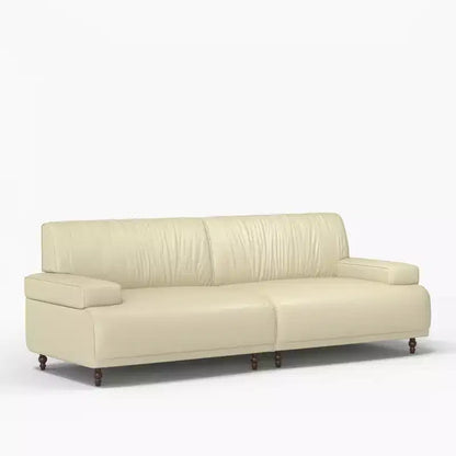 Divano a 3 posti in pelle marrone/bianco sporco con struttura in legno