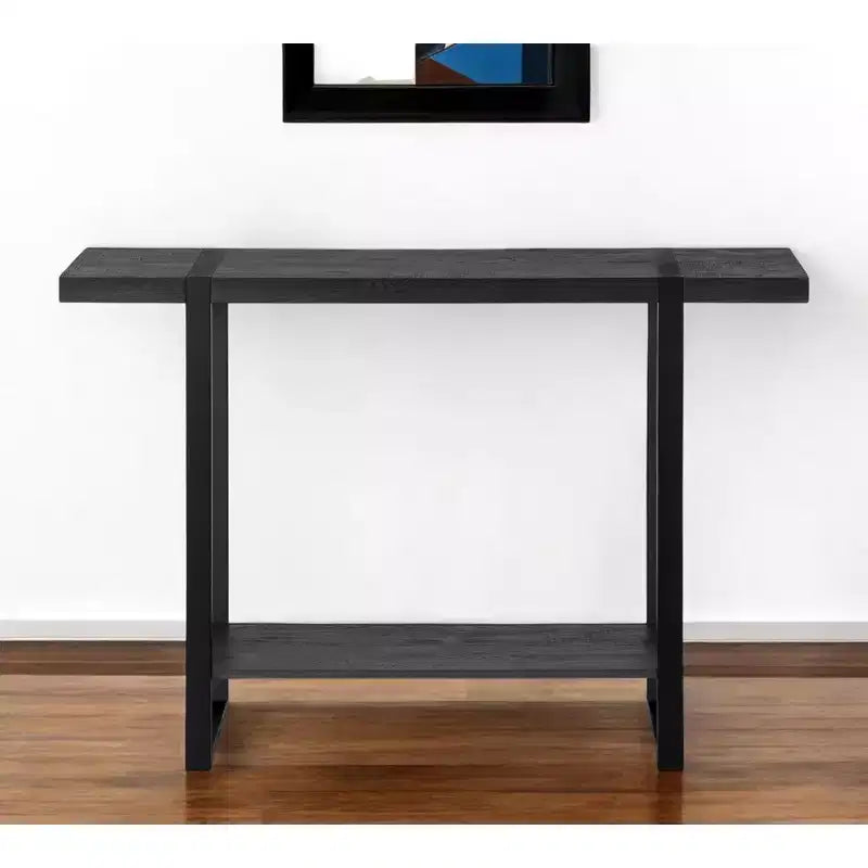 Consolle in metallo nero e legno, base a slitta, 1 ripiano