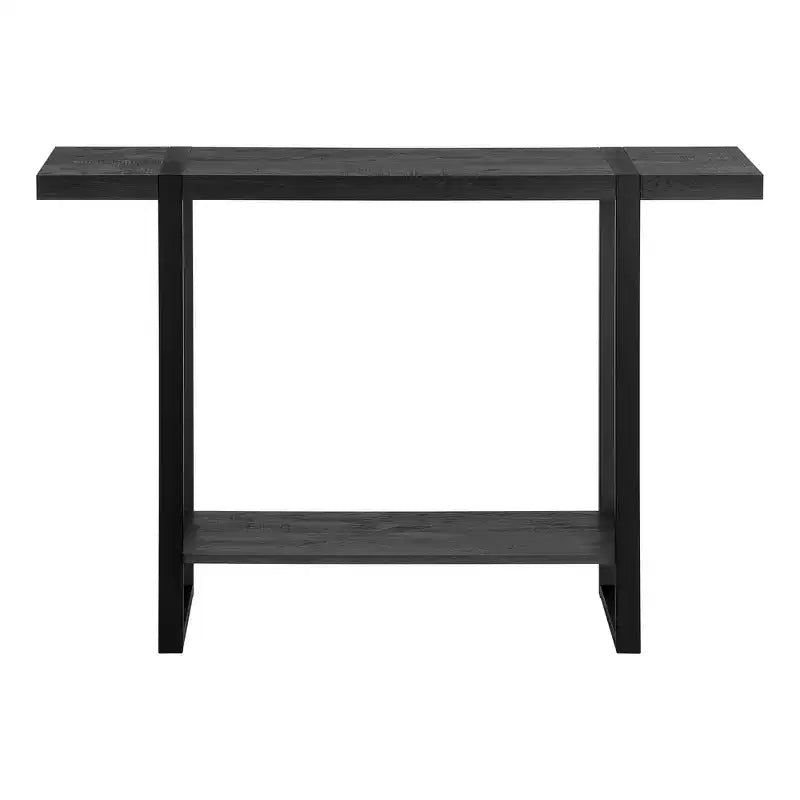 Consolle in metallo nero e legno, base a slitta, 1 ripiano