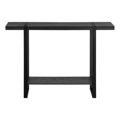Consolle in metallo nero e legno, base a slitta, 1 ripiano