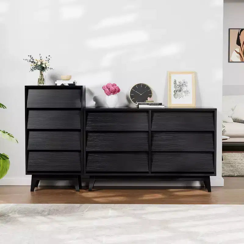 Cassettiera in legno, design smussato, Nera/Marrone, 4 cassetti / 6 cassetti
