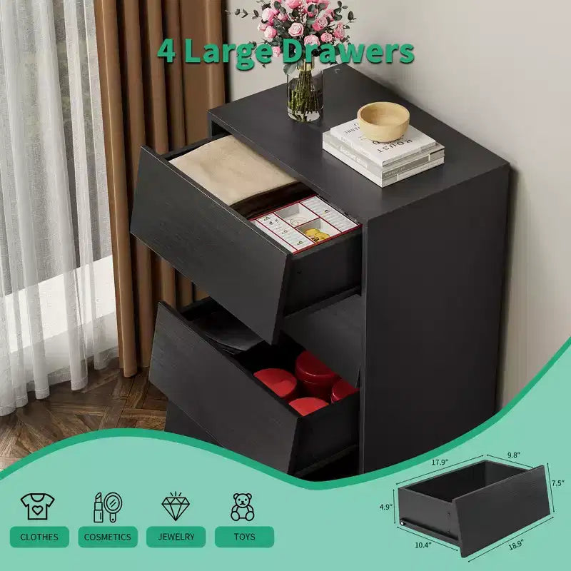 Cassettiera in legno, design smussato, Nera/Marrone, 4 cassetti / 6 cassetti