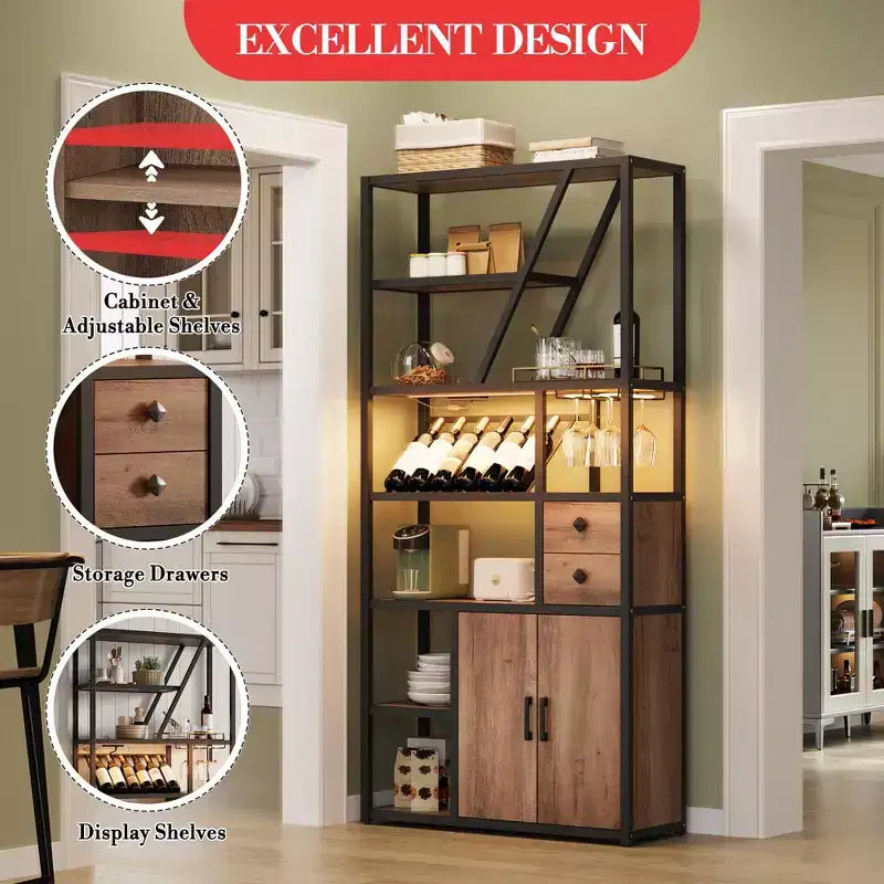 Mobile bar alto in legno nero/marrone/grigio con luci a LED e prese di corrente, 180,8 cm, per 1