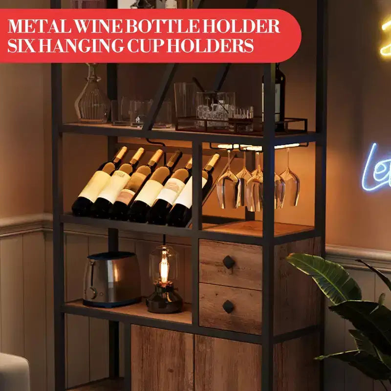 Mobile bar alto in legno nero/marrone/grigio con luci a LED e prese di corrente, 180,8 cm, per 1