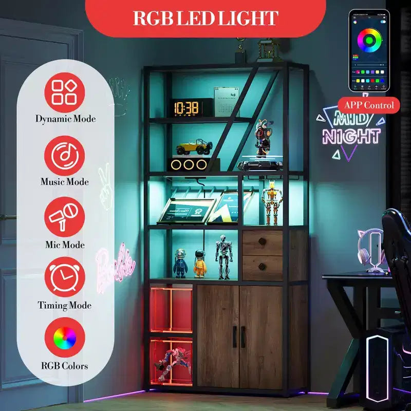 Mobile bar alto in legno nero/marrone/grigio con luci a LED e prese di corrente, 180,8 cm, per 1