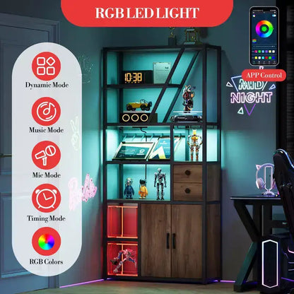 Mobile bar alto in legno nero/marrone/grigio con luci a LED e prese di corrente, 180,8 cm, per 1