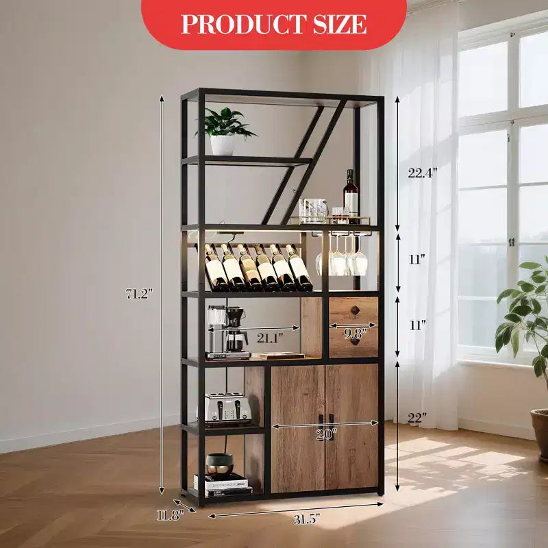 Mobile bar alto in legno nero/marrone/grigio con luci a LED e prese di corrente, 180,8 cm, per 1