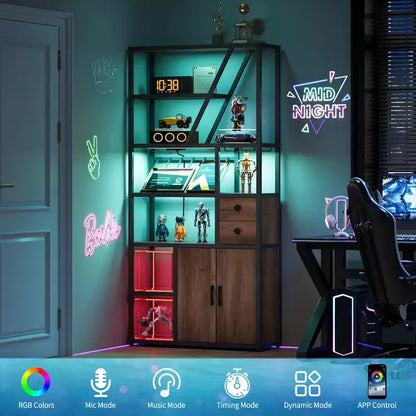 Mobile bar alto in legno nero/marrone/grigio con luci a LED e prese di corrente, 180,8 cm, per 1