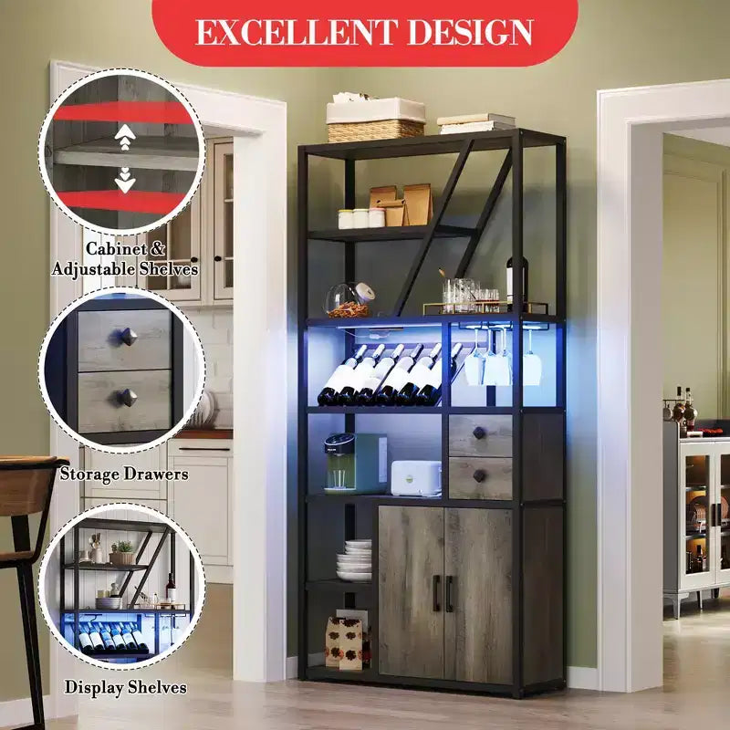Mobile bar alto in legno nero/marrone/grigio con luci a LED e prese di corrente, 180,8 cm, per 1