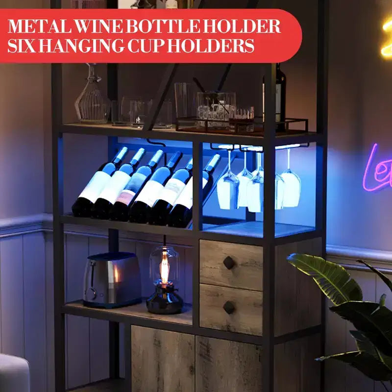 Mobile bar alto in legno nero/marrone/grigio con luci a LED e prese di corrente, 180,8 cm, per 1
