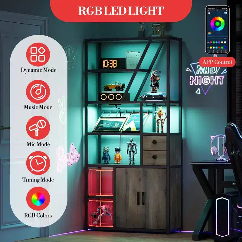 Mobile bar alto in legno nero/marrone/grigio con luci a LED e prese di corrente, 180,8 cm, per 1