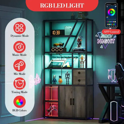 Mobile bar alto in legno nero/marrone/grigio con luci a LED e prese di corrente, 180,8 cm, per 1