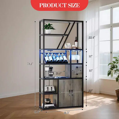 Mobile bar alto in legno nero/marrone/grigio con luci a LED e prese di corrente, 180,8 cm, per 1