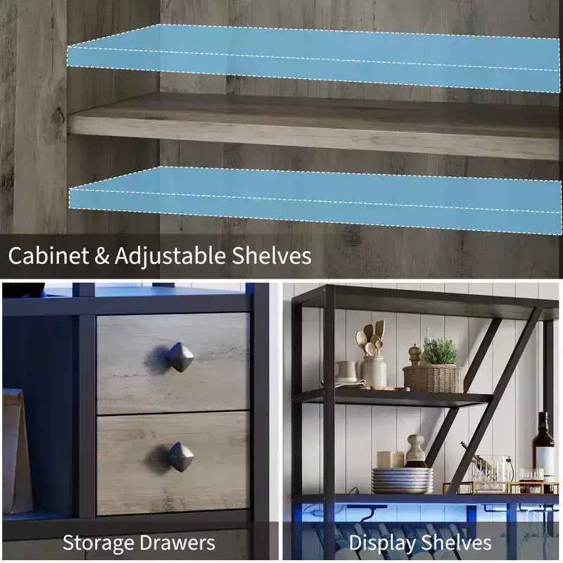 Mobile bar alto in legno nero/marrone/grigio con luci a LED e prese di corrente, 180,8 cm, per 1