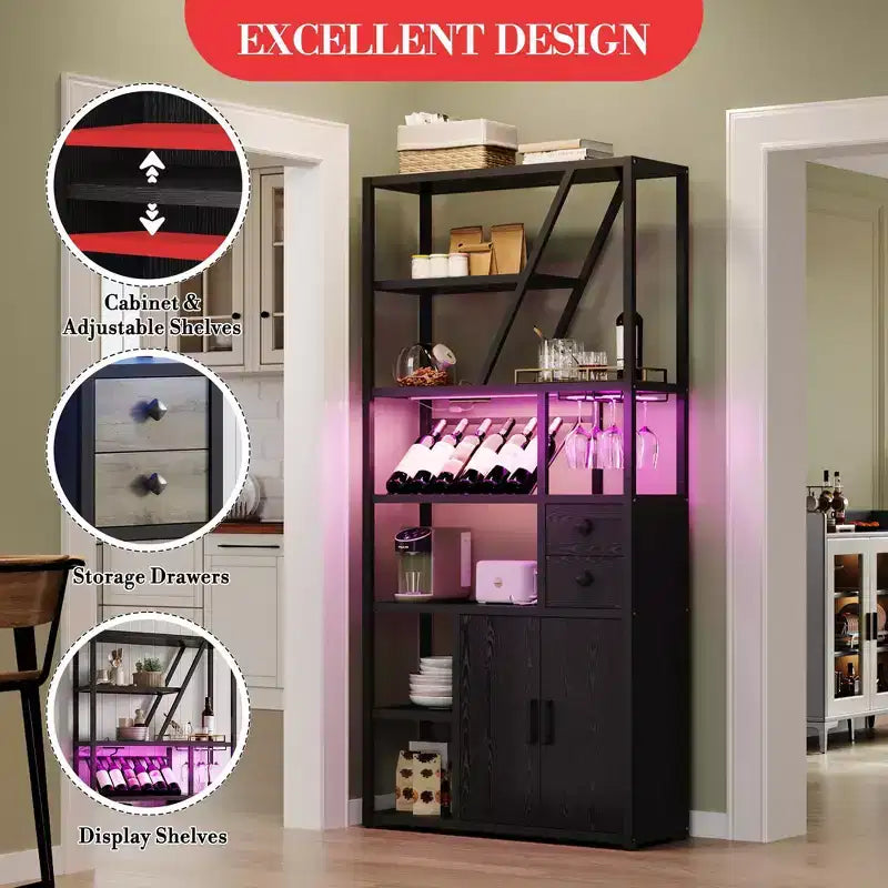 Mobile bar alto in legno nero/marrone/grigio con luci a LED e prese di corrente, 180,8 cm, per 1