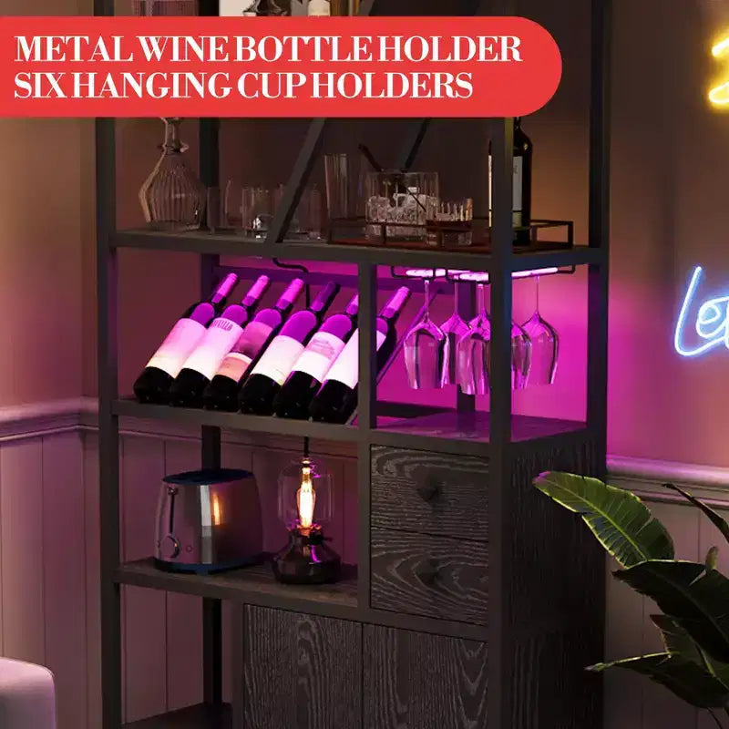 Mobile bar alto in legno nero/marrone/grigio con luci a LED e prese di corrente, 180,8 cm, per 1