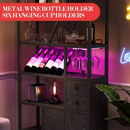 Mobile bar alto in legno nero/marrone/grigio con luci a LED e prese di corrente, 180,8 cm, per 1