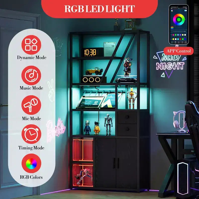 Mobile bar alto in legno nero/marrone/grigio con luci a LED e prese di corrente, 180,8 cm, per 1