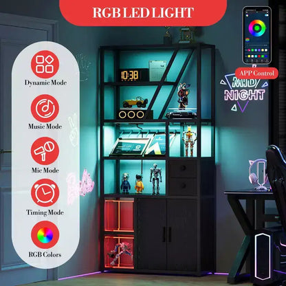 Mobile bar alto in legno nero/marrone/grigio con luci a LED e prese di corrente, 180,8 cm, per 1