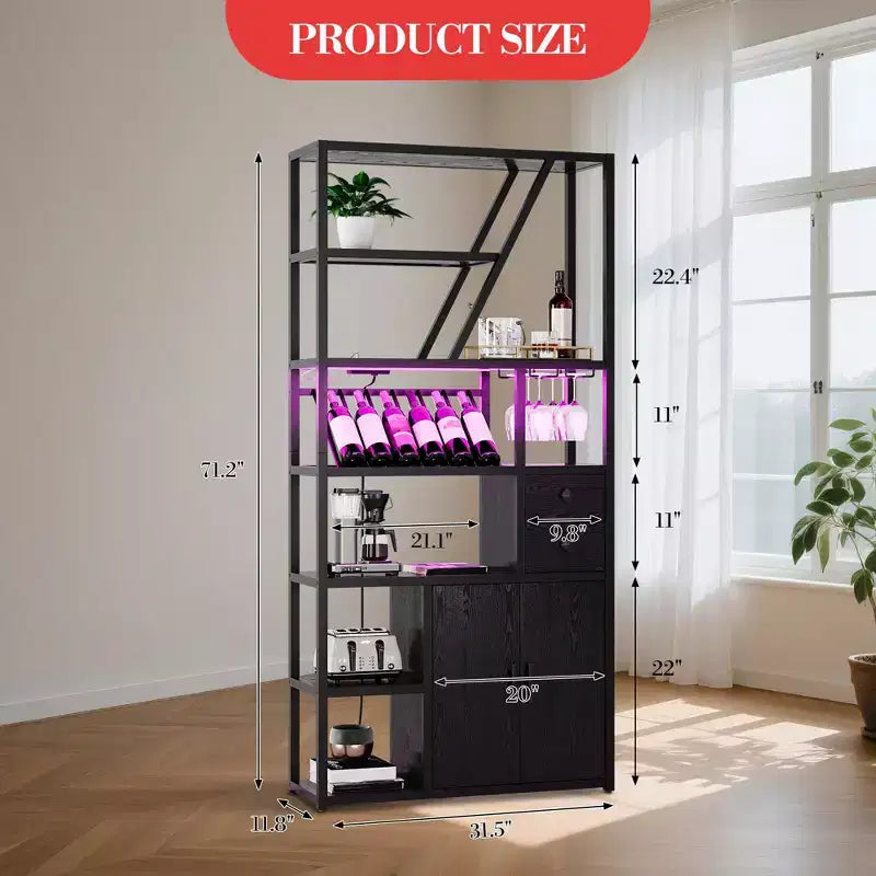 Mobile bar alto in legno nero/marrone/grigio con luci a LED e prese di corrente, 180,8 cm, per 1