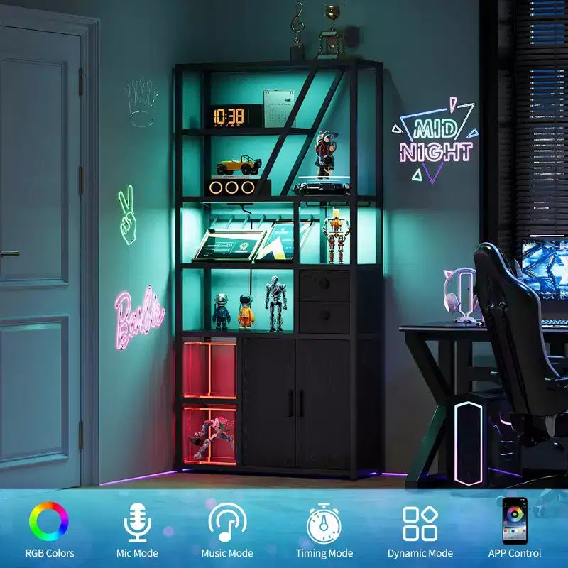 Mobile bar alto in legno nero/marrone/grigio con luci a LED e prese di corrente, 180,8 cm, per 1