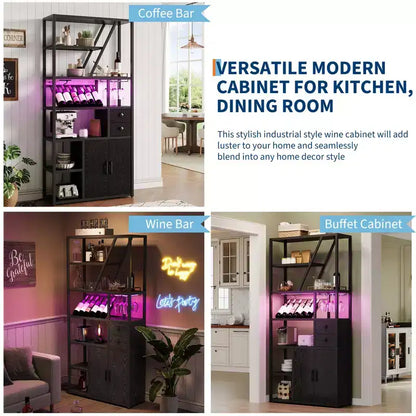 Mobile bar alto in legno nero/marrone/grigio con luci a LED e prese di corrente, 180,8 cm, per 1