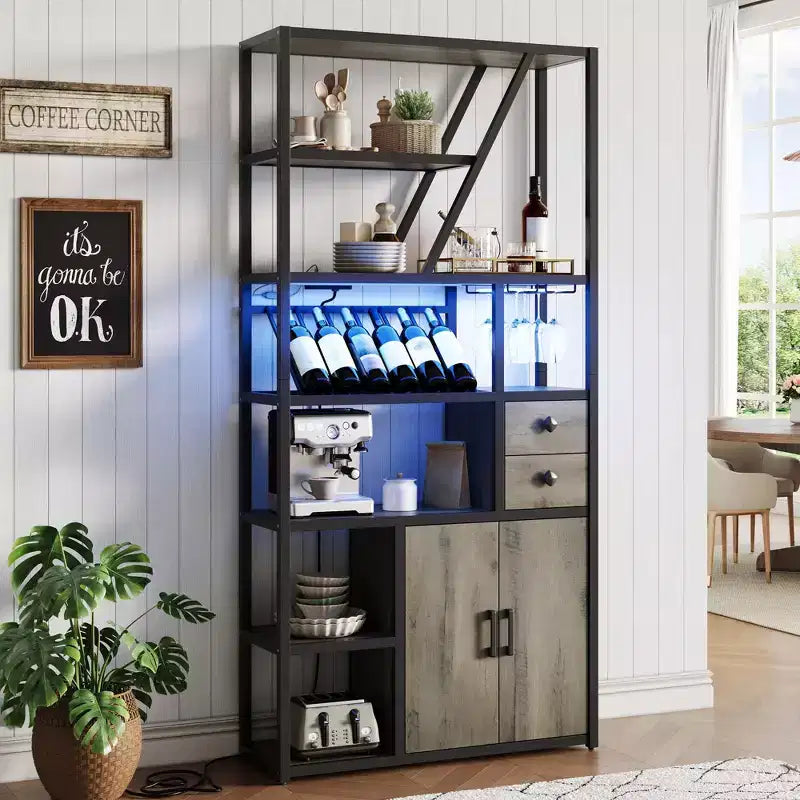 Mobile bar alto in legno nero/marrone/grigio con luci a LED e prese di corrente, 180,8 cm, per 1